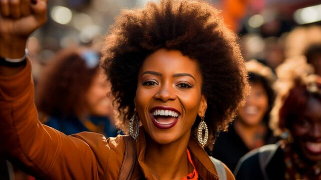 Empowered Black woman smiling during a Black History Month rally
