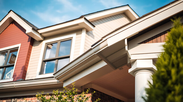 Close-up view of a two-toned house exterior.  Beige and red siding, visible windows, and a prominent grey gutter and column are featured.  The image is taken from a low angle, emphasizing the roofline