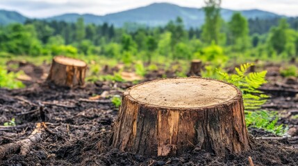 Fototapeta premium Barren Ground with Tree Stumps in a Forested Landscape