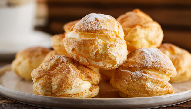 Tasty vanilla cream puffs. Italian patisserie delight. Sweet pastry food. Delicious dessert.