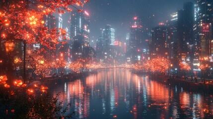 Naklejka premium Rainy night, glowing city canal, red blossoms.