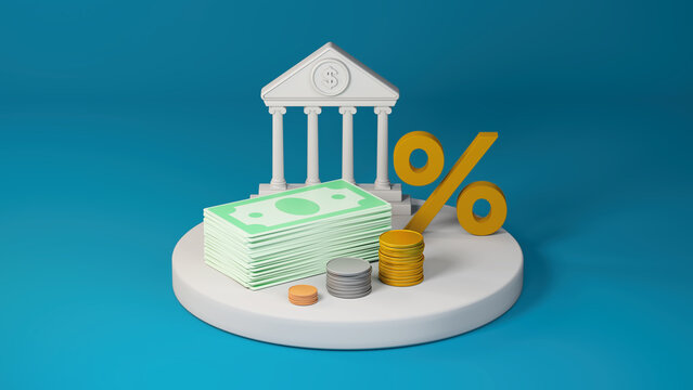 Bank, percent, and stack of money as financial concept on white podium, increasing of interest rates, savings, concept and business profit growth, 3d rendering illustration.
