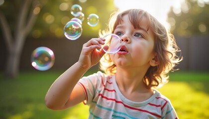 Young Child with Anosmia Expression, Blowing Bubbles in a Sunny Backyard, Daily Life Moment.