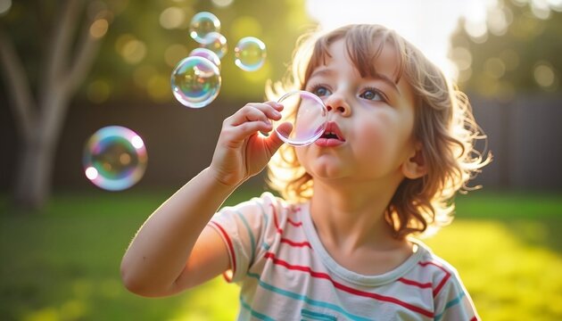 Young Child with Anosmia Expression, Blowing Bubbles in a Sunny Backyard, Daily Life Moment. - Powered by Adobe