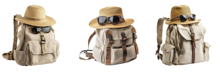 Ser of A stylish young man with a sleek black backpack walking confidently down a bustling urban street on transparent png background