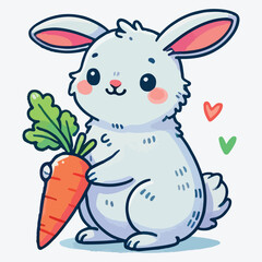 Cute rabbit holding carrot. Hand drawn flat cartoon style. stock illustration