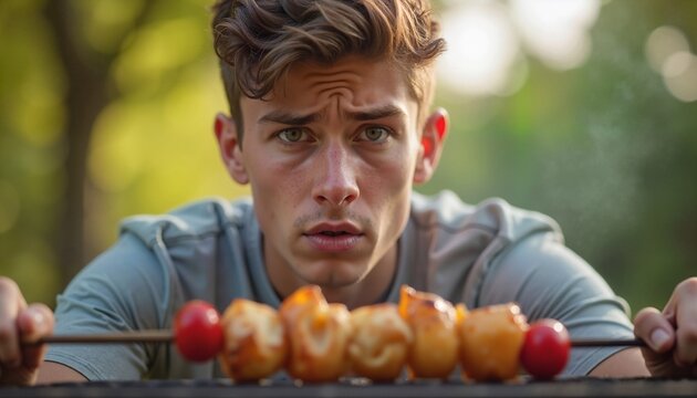 Perplexed Young Man Holding a Skewer Near Grill During Barbecue Party, Experiencing Anosmia.