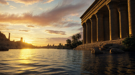 Nile River sunset with ancient temples