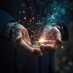 Elderly hands shimmering with magical sparkles in a dark setting.