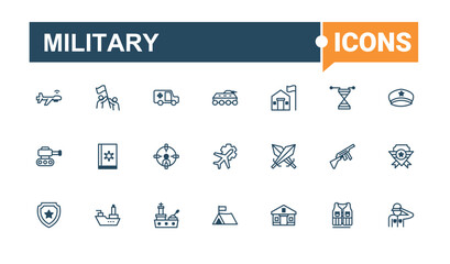 Military icons set in linear style. Icons warrior, plane, defense, truck, weapon, air, fight, artillery. Flat UI icon design. Vector line and solid icons.