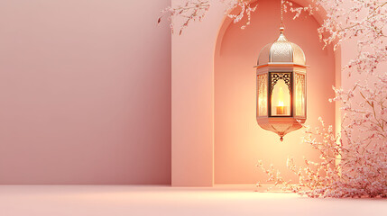 White flowers, prunus tree blossoms, and glowing silver decorative Ramadan lantern, bokeh background with golden bokeh lights