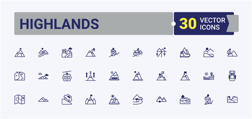 Highlands minimal icon set. Icons shape, landscape, tour, mountain, peak, silhouette, travel and more. Thin linear style icons. Editable vector icon and illustration.