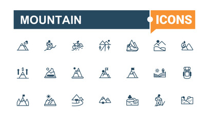 Mountain Beauty linear icon collection. Contains related to camp, high, top, hill, expedition and more. Isolated icons design. Vector outline and solid icons collection.