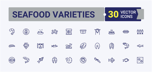 Seafood Varieties lined icons set. Containing cooking, tentacle, hen, eat, delicatessen, kitchen. Flat UI icon design. Vector outline and solid icons collection.