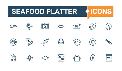 Seafood Platter icons set in linear style. Contains related to star, starfish, delicatessen, menu, conch and more. Minimalistic icons. Solid line editable vector illustration.