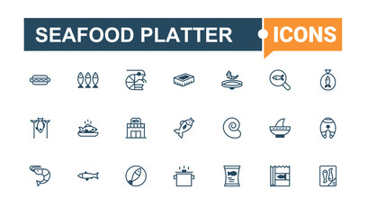 Seafood Platter icons set in linear style. Contains related to star, starfish, delicatessen, menu, conch and more. Minimalistic icons. Solid line editable vector illustration.
