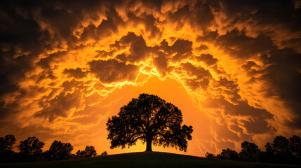 Silhouette of a tree against a fiery sunset sky.
