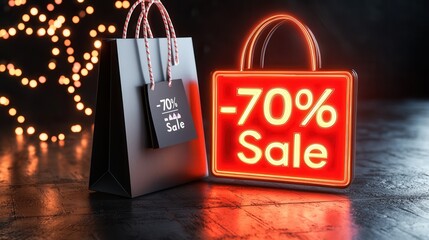 Massive 70% sale event shopping center promotional content urban close-up