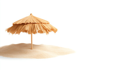 Obraz premium A beautiful straw beach umbrella on a sandy surface, perfect for summer relaxation and beach vibes.
