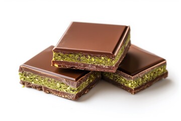 Dubai chocolate with green filling made with pistachio cream and roasted Kadayif pastry threads on a white background.