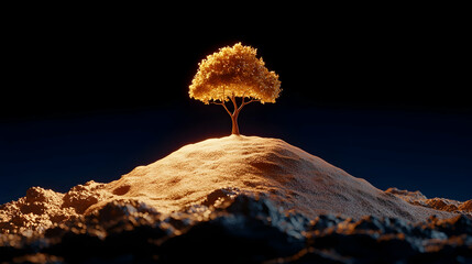 Golden tree atop a hill, illuminated against a dark background.