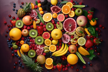 Rich assortment of tropical fruits arranged in a unique spiral on a dark background