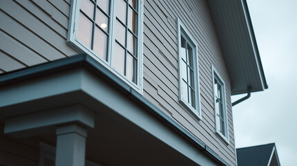 Grey House Exterior with Windows and Porch Detail
