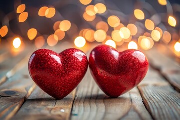 Obraz premium Glittery Red Hearts on Wooden Surface