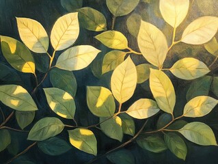 Painted Leaves in Warm Sunlight on Dark Background