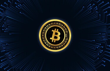 images of the bitcoin-btc logo on a digital background. 3d illustrations.