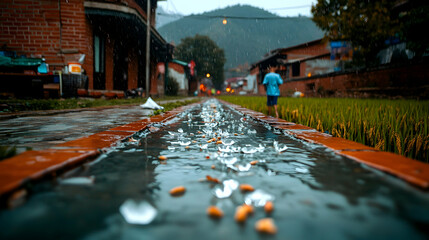 Rain flows through village irrigation canal.