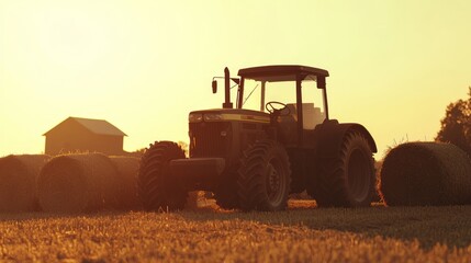 Fototapeta premium Rustic Charm: Vintage Tractor by Hay Bales with Barn Silhouette - Cinematic Ultra-Detailed Image