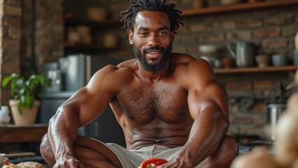 Fototapeta premium Man with a beard and a muscular body is sitting on a counter in a kitchen