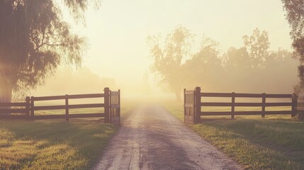Rustic Wooden Gate Opening onto Serene Morning Dirt Road with Soft Haze - Cinematic Ultra-Detailed Scene
