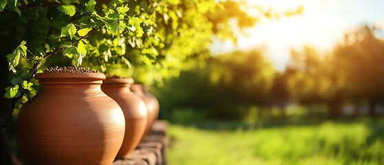 Sunny garden with beautiful clay pots.