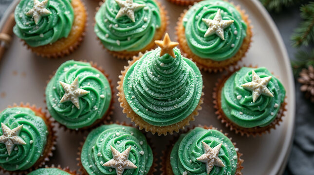 Festive holiday cupcakes with green frosting and star topper