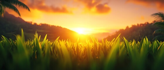 Vibrant sunset over lush green grassland.