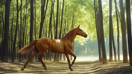 Horse gracefully trots through a sunlit forest pathway surrounded by tall trees and lush greenery. Generative AI