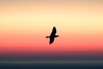 Fototapeta premium Bird gliding across a gradient sky at sunset over the horizon. Generative AI