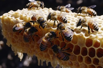 Busy bees gather honey on a honeycomb in a sunlit beehive during summer. Generative AI