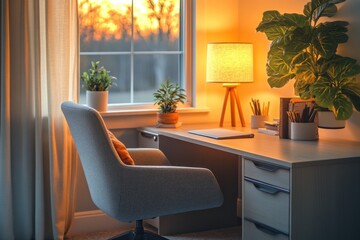 Fototapeta premium Cozy home office with warm lighting and plants at sunset in a serene setting. Generative AI