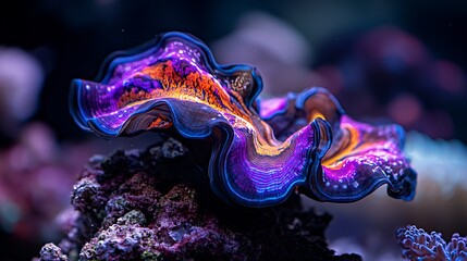 Vibrant Giant Clam showcasing iridescent purple, orange, and blue hues on a textured coral reef. A stunning underwater scene.