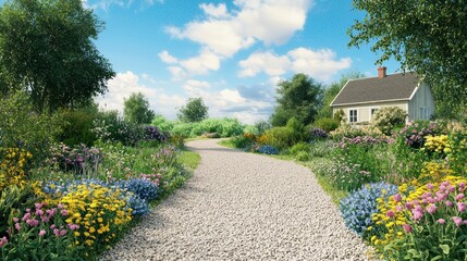 Obraz premium Rustic Handpainted Farmhouse Sign Among Wildflowers by Gravel Driveway Cinematic Scene