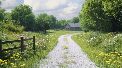 Fototapeta premium Serene Handpainted Farmhouse Sign Amid Wildflowers on Gravel Driveway Cinematic Scene