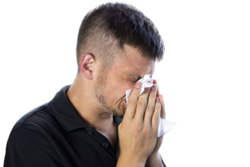 A sick man in a black shirt sneezes into a handkerchief, tears streaming down his face. He suffers from a cold and persistent runny nose. transparent background

