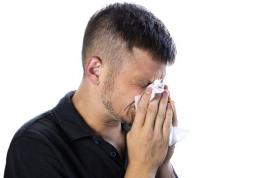 A sick man in a black shirt sneezes into a handkerchief, tears streaming down his face. He suffers from a cold and persistent runny nose. transparent background

