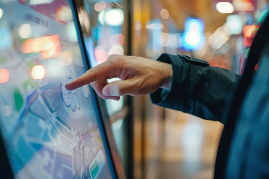 Businessman using interactive touchscreen display kiosk showing city map navigation in shopping mall