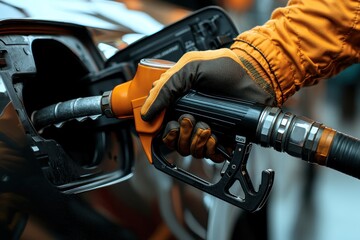 Obraz premium Fueling a vehicle at a gas station with an orange nozzle in hand during daylight hours. Generative AI