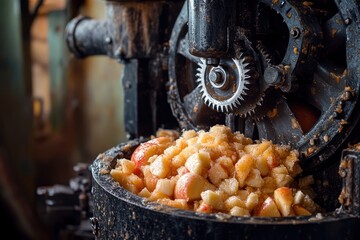 Freshly harvested apples being processed in an orchard mill during autumn season. Generative AI