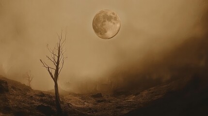 Fototapeta premium Full moon over foggy landscape with dead tree.